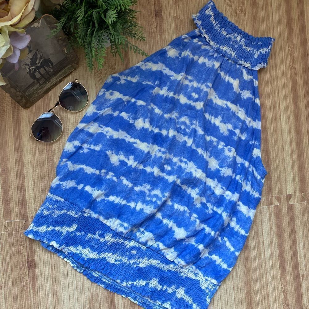 KIRIOUS Blue White Tiedye High Neck Sleeveless Smocked Blouse sz Small Nordstrom